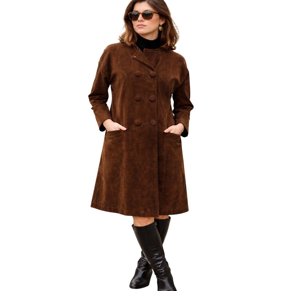 Vintage 60s Women’s XS Brown Leather Coat Womens Double Breasted Princess Seams